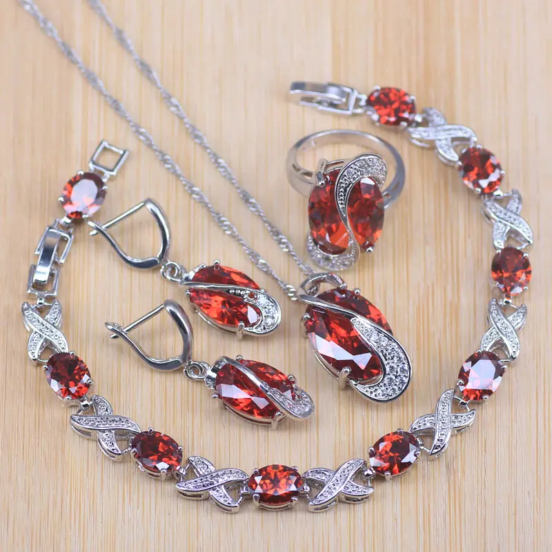 Серебряные Ювелирные наборы для костюма Красный кубический циркон