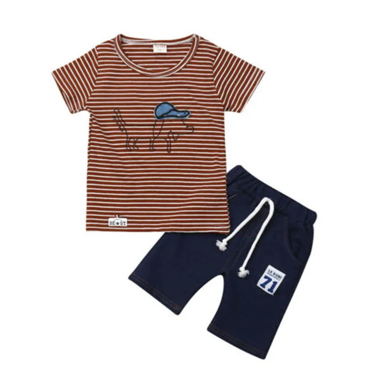 Fashion Toddler Kids Baby Boy Summer 2Pcs Sets Striped Dog Tops T-shirt+Lace-up Denim Shorts Outfits Cotton Clothes 9M-4Y |
