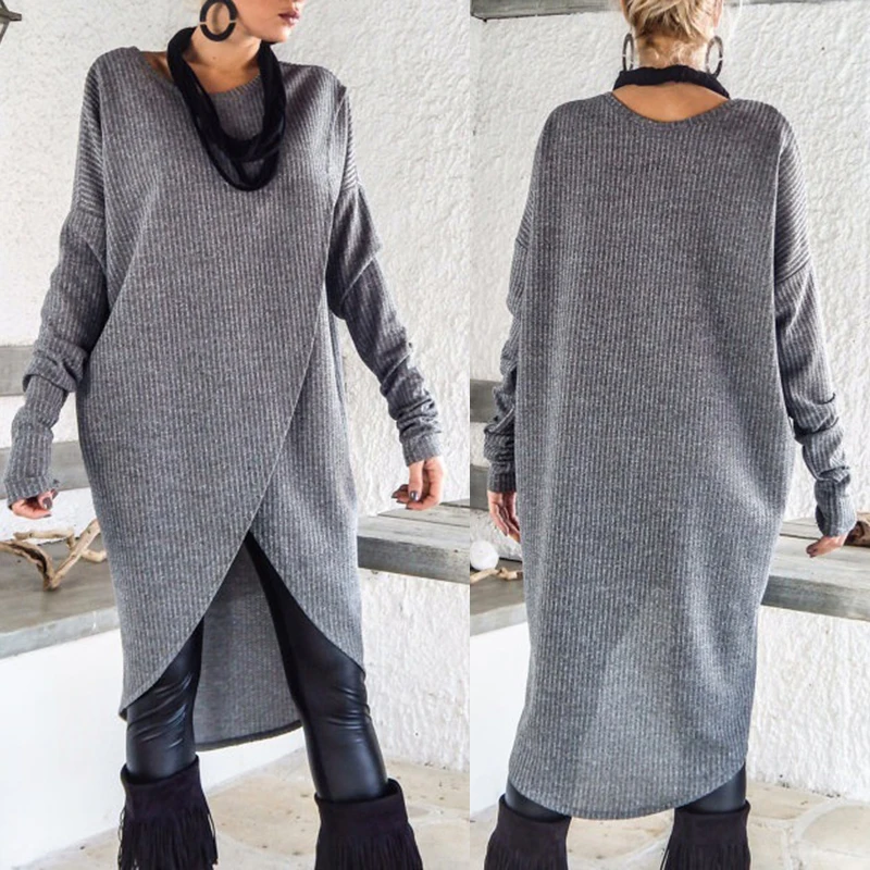 Женская одежда негабаритных мода с длинным рукавом Круглый вырез асимметричное