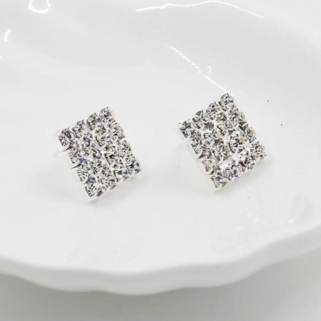 Bling Push Elegant Casual Stud Style Fashion Rhinestone Back Silver Square Earrings Women | Украшения и аксессуары