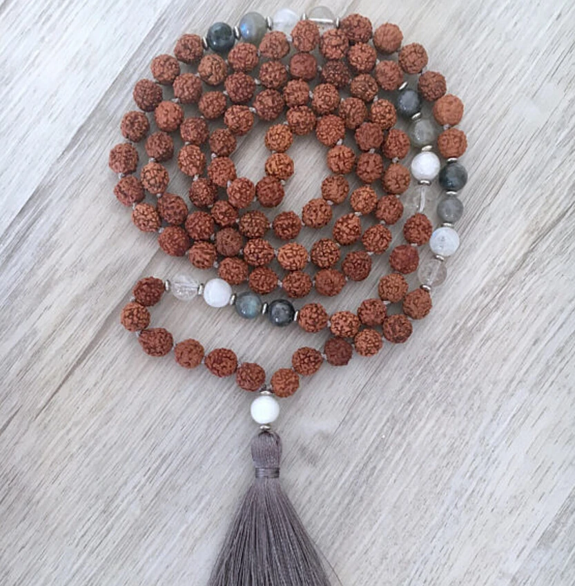 Rudraksha Семена 8 мм кварцевые бусы ожерелье завязанные кисточки браслет чакас вены