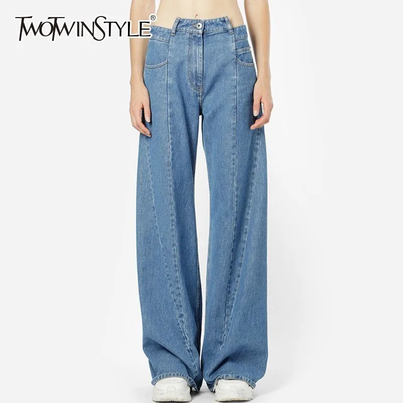 Женские Асимметричные джинсы TWOTWINSTYLE с высокой талией и широкими штанинами