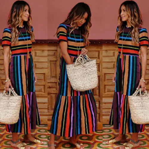 Женское летнее платье в радужную полоску с цветочным принтом и коротким рукавом