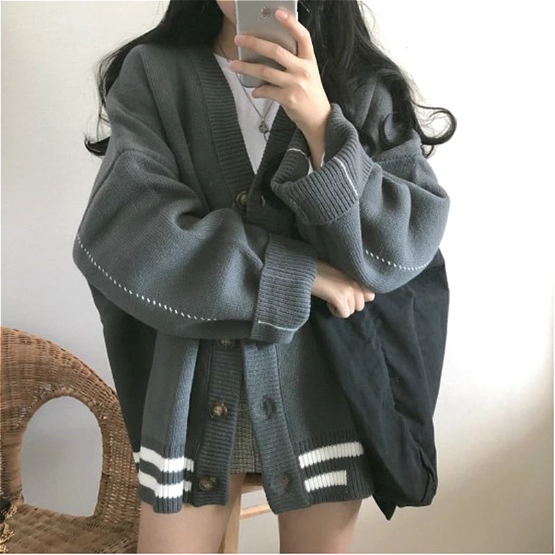 PEONFLY Autumn Korean V-neck Jumper Cardigan Women Harajuku Loose Long Sleeve Coat Femme Sweater |