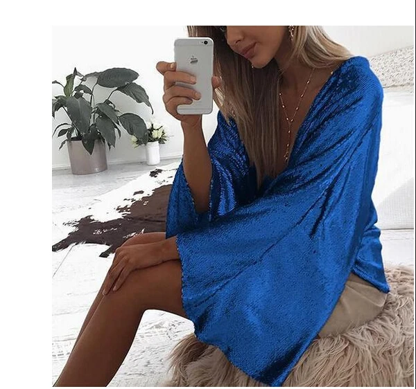 Newly Fashion Lady Women Sexy Sequin Blouse Long Trumpet Sleeve Cardigan Shirt Spring Autumn Tops | Женская одежда