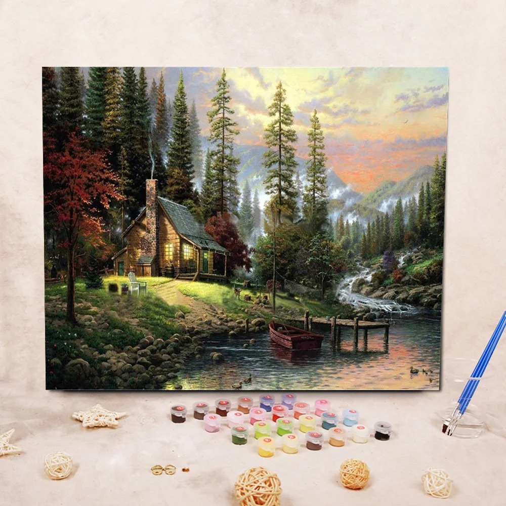Дом в лесу DIY цифровая картина маслом украшение живопись 50*40 см дома Гостиная