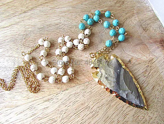 ?? ロングハウライトビーズネックレスボヘミアン矢印ペンダントネックレスターコイズビーズ