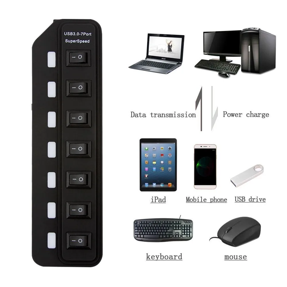 Usb хаб 3 0 сверхскоростной 7 портов Micro Multi USB3.0 сплиттер с внешним переключателем