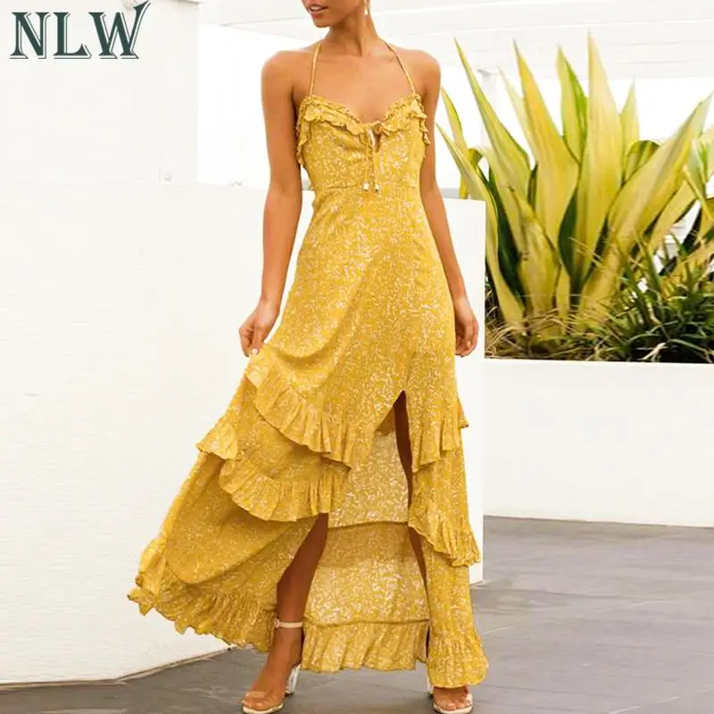 NLW Для женщин 2019 Летняя мода Boho принтом длинное платье Женский разрез до талии с
