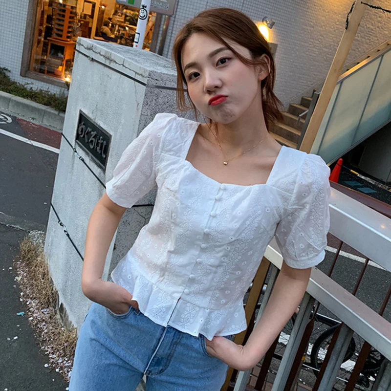 SISPELL Summer Solid Women's Shirt Square Collar Short Sleeve Button Ruffles Slim Blouse Top Female Fashion New Tide Korean 2019 |