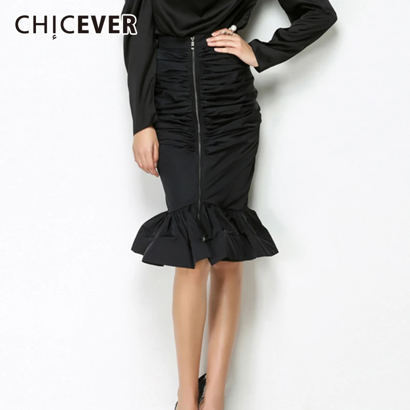 Женская плиссированная юбка CHICEVER черная облегающая с воланами 2019|Женские юбки| |
