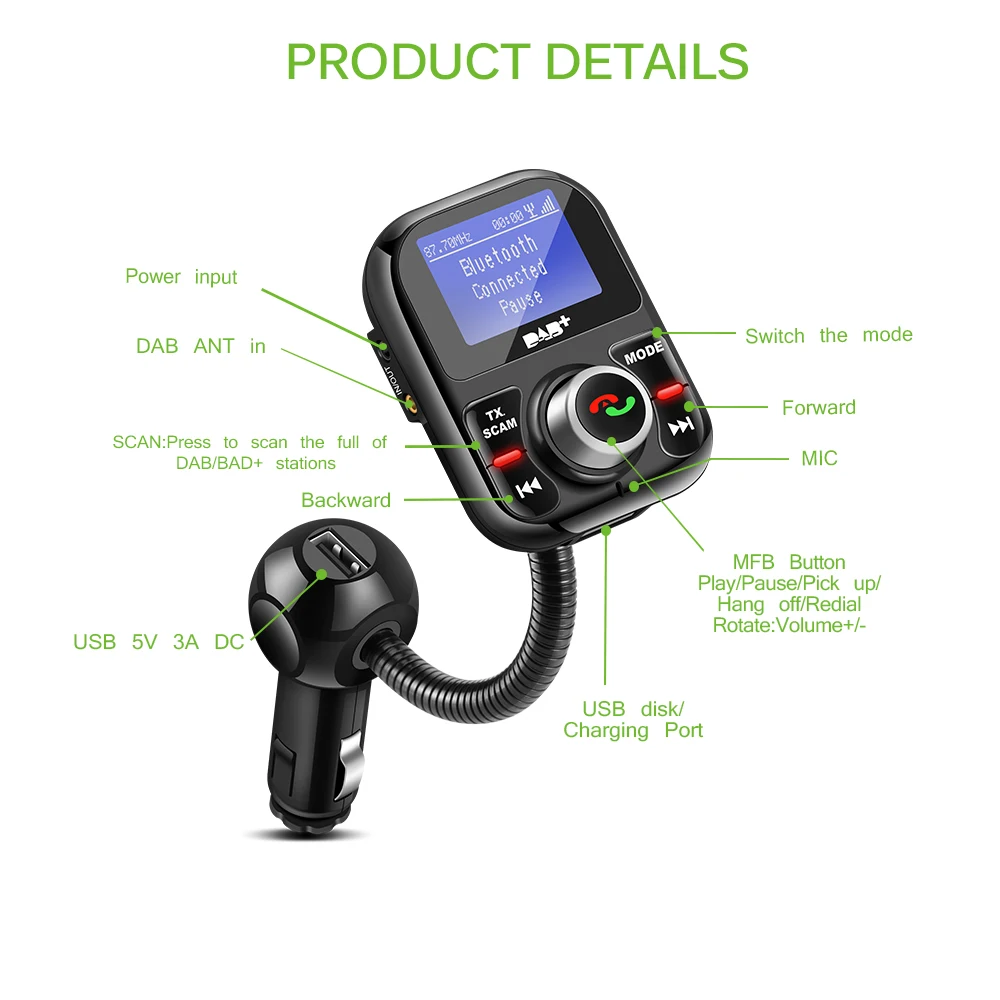 Car Bluetooth FM Transmitter DAB/DAB+ Receiver with Antenna 3.1A Dual USB Charger Support TF Card and U-disk AUX OUT | Автомобили и