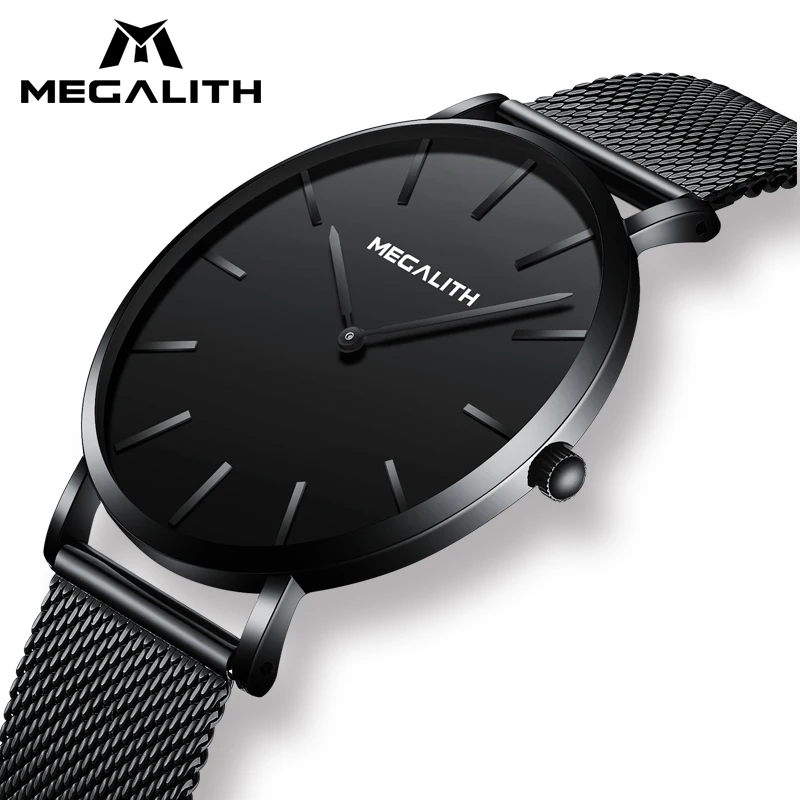 2019 MEGALITH Простые Дизайнерские повседневные часы водонепроницаемые тонкие черные