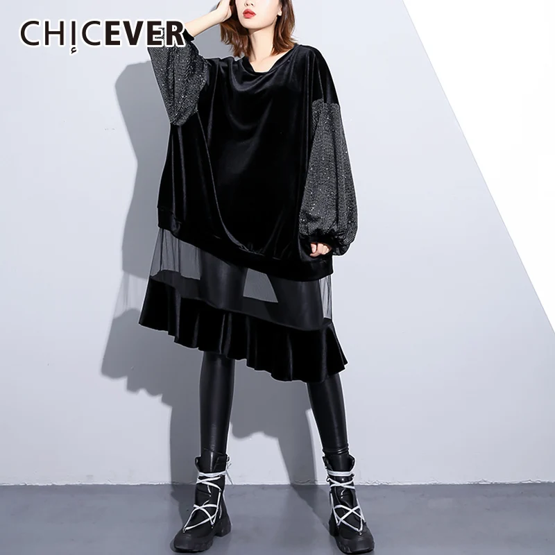 CHICEVER лоскутное Сетчатое платье для женщин с круглым вырезом и рукавом летучая