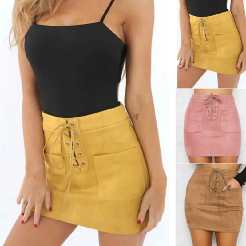 

Fashion Women Girl High Waist A-line Button Front Suede Leather Short Mini Skirt Women's Sexy Skirt