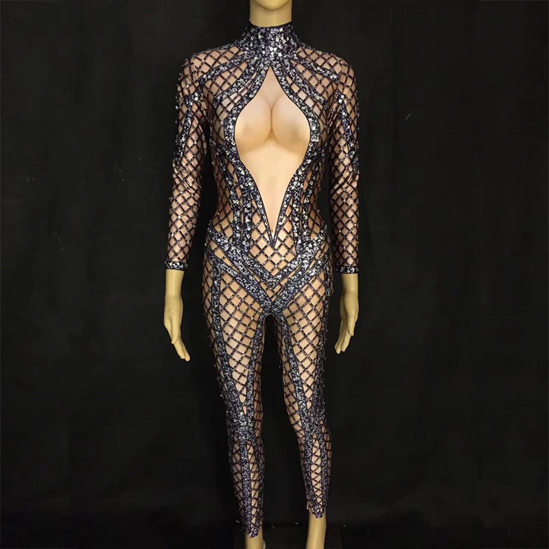

Новинка женские сексуальные Стразы ночные костюмы певец черный блестящий кристалл комбинезон для вечерние сценическая одежда