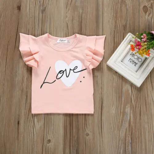 2PCS New Summer Kids Baby Girls Clothes Set Flying Ruffles Sleeve Top Cute Love Print T-Shirt +Plaid Shorts Princess Outfits | Мать и