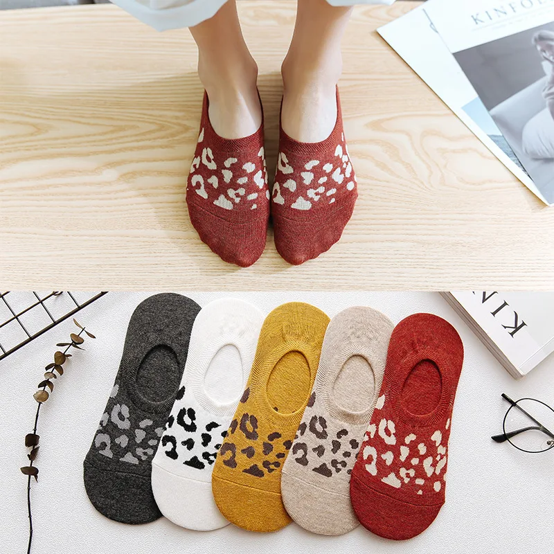 

Leopard Invisible SNon-slip hort Woman summer comfortable cotton girl women boat socks shallow ankle low female 1pair=2pcs ws192