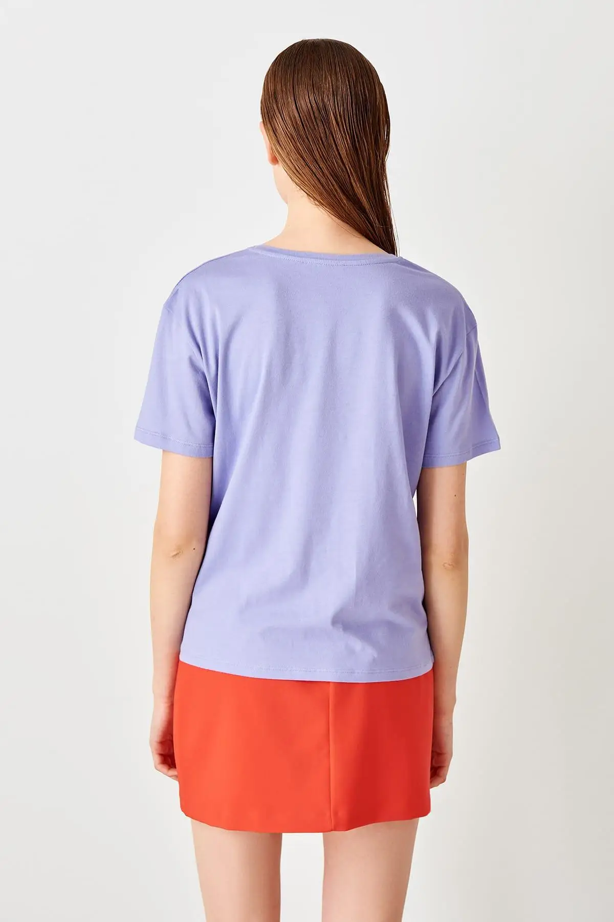 Trendyol Lilac Embroidered Knitted Basic T-Shirt TWOSS19FV0201 | Женская одежда