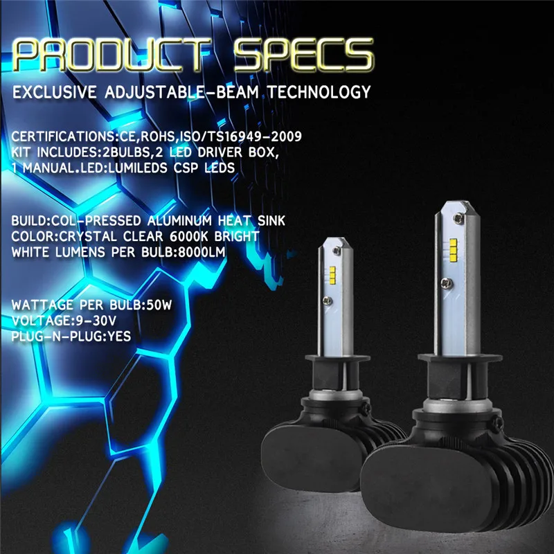 Hiyork 2 шт. S1 H27 881 HB3 HB4 12 в 50 Вт H1 H3 Автомобильные фары CSP H8 H11 лампы H4 Led H7 для авто 8000LM