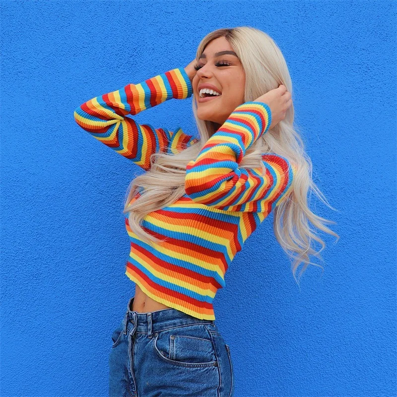 Women Stripe Turtleneck Crop Sweater Rainbow Knitwear 2020 Fall Winter Fashion Top Slim Pullover Streetwear Outfit | Женская одежда