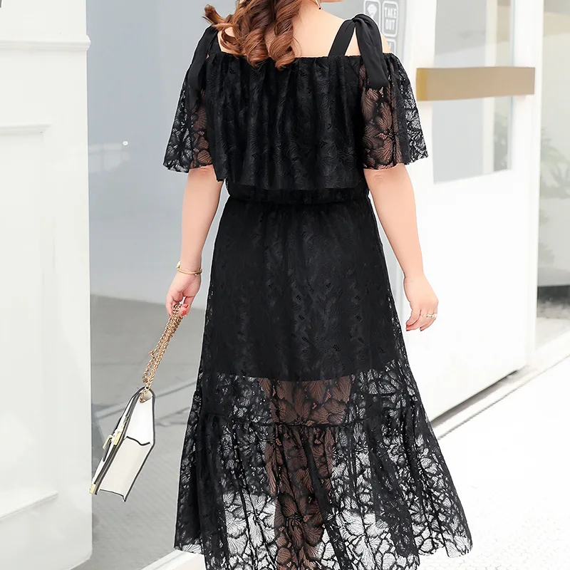 

Korean style XL-4XL loose Lace Dress large size women summer dress plus size sexy long maxi dress beach slash neck party dresses