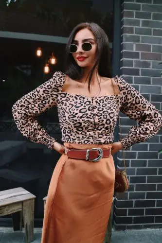 Women Leopard Long Sleeve Sexy Slim Crop Top Blouse Ladies Autumn Petal Blouses Fashion | Женская одежда