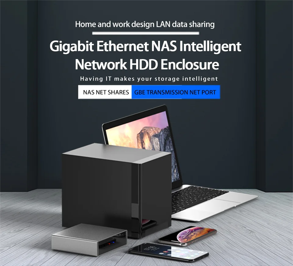 Dual Disks HDD Enclosure 3.5'' NAS Disk Box Gigabit Ethernet Max 70MB/s Wireless Speed External USB3.0 LAN Port Exclusive App