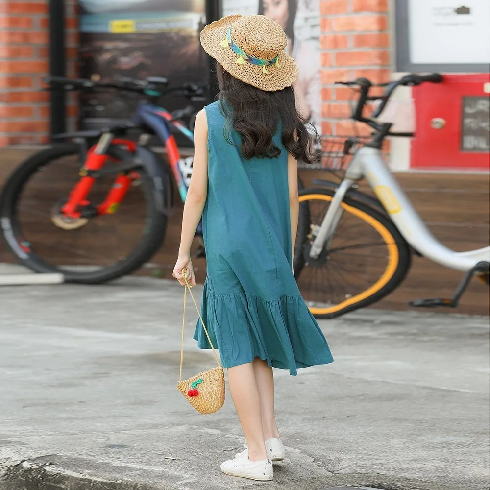 Mermaid Teenager Blue Red Dress Girls Summer 2019 Pockets Ruffles Kid For Girl Mid Long Mother And Daughter Clothes | Детская одежда и