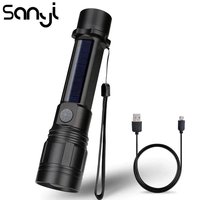 Фонарик SANYI с 3 режимами работы заряжаемый от солнечной батареи или USB