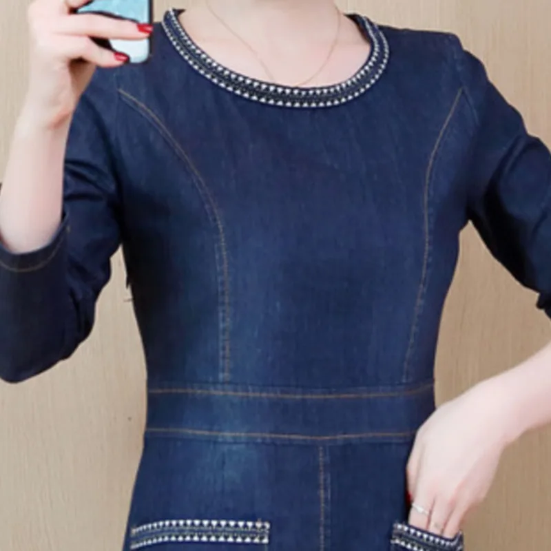 

Korea Women Denim Party Dress Spring Plus Size 4XL 5XL O-neck Autumn Ladies Long-sleeved Denim Dresses Female Vestidos Z021