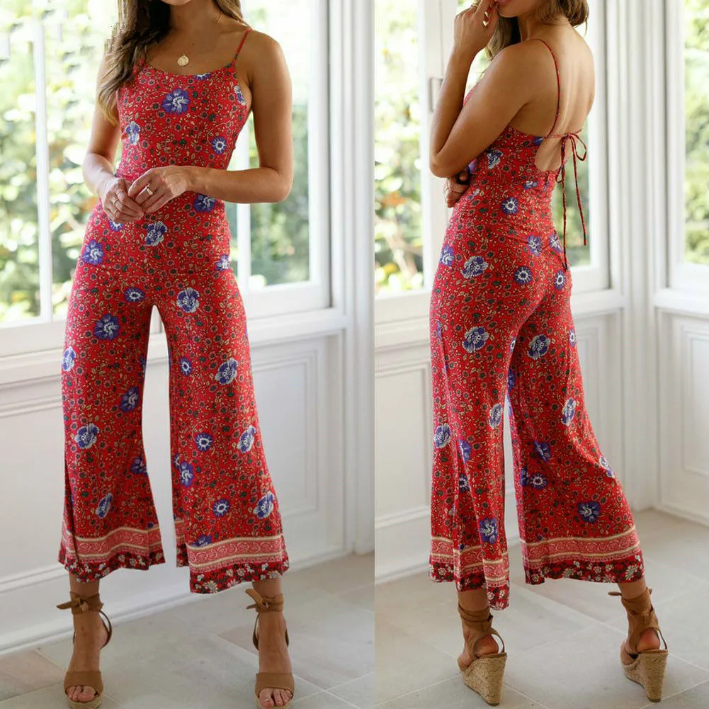 Для женщин Дамы Boho Цветочный праздник комбинезон спинки Облегающий широкие