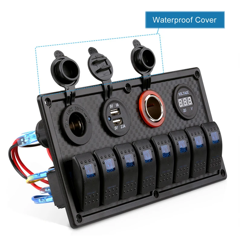 12V 24V USB прикуриватель напряжение рокер 8 Gang переключатель Панель синий светодиод