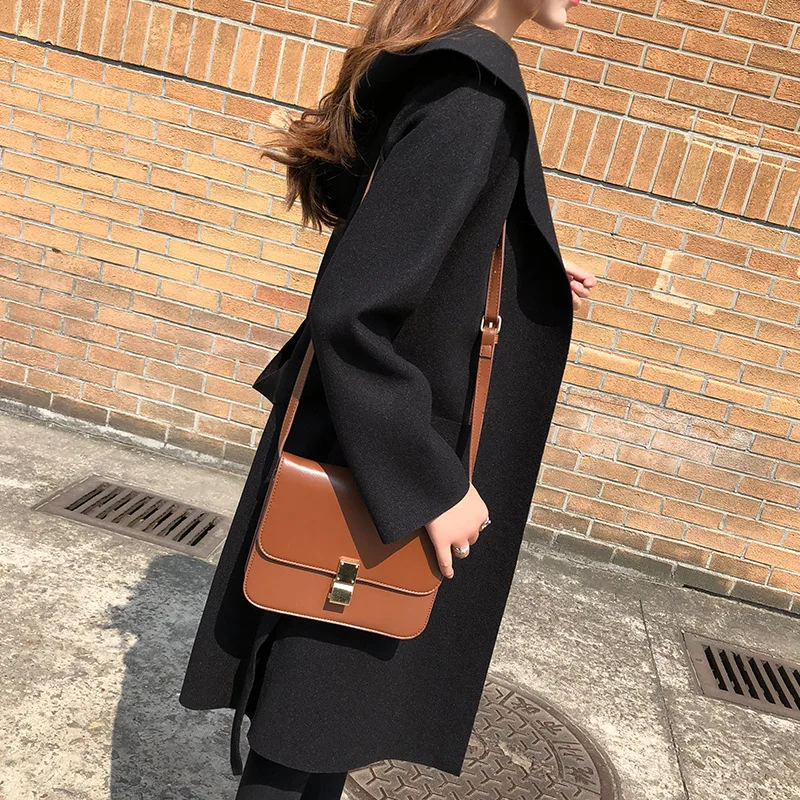 

2019 Autumn New Pattern Korean Chalaza Woolen Black Loose Coat Even Hat Windbreaker Thin Long Fund Woollen Overcoat Tide