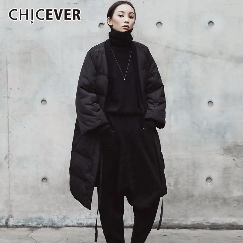 Фото Женское хлопковое пальто кимоно CHICEVER черное Толстое Зимнее средней длины на