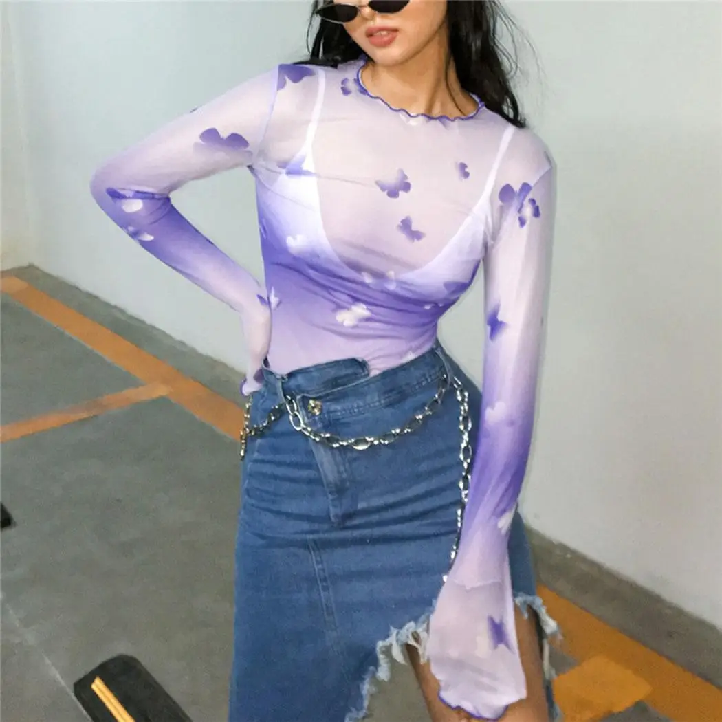 New Fashion Women Casual Fungus Collar See Purple Regular Through Slim Bodycon Pullover Prints None Tops |