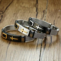 mens cross charm strap bracelets for woman stainless steel net watch band male female unisex prayer pulsera size adjustable