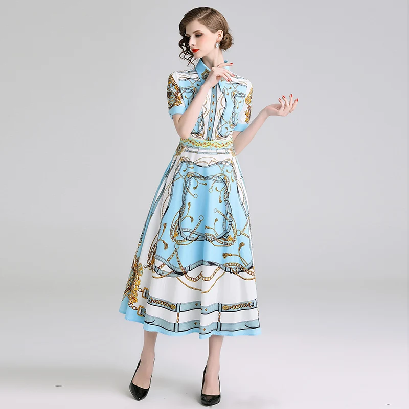 2019 летнее платье рубашка для женщин цепи алмаз печати короткий рукав синий