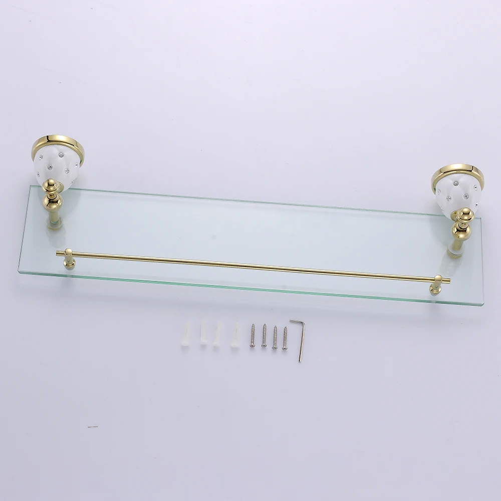 

Bathroom Shelves Solid Brass Golden Shower Wall Holder Shampoo Storage Rack Bath Accessories Single Tempered Glass Shelf