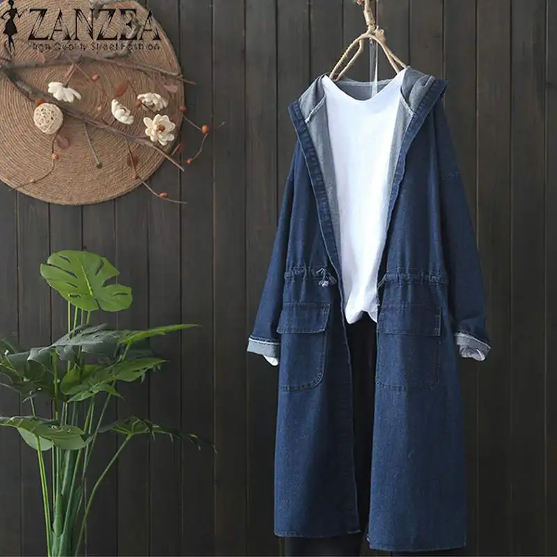 2021 Oversized ZANZEA Spring Fashion Women Casual Solid Hooded Long Sleeve Denim Blue Party Cardigan Jackets Outwear Coat | Женская