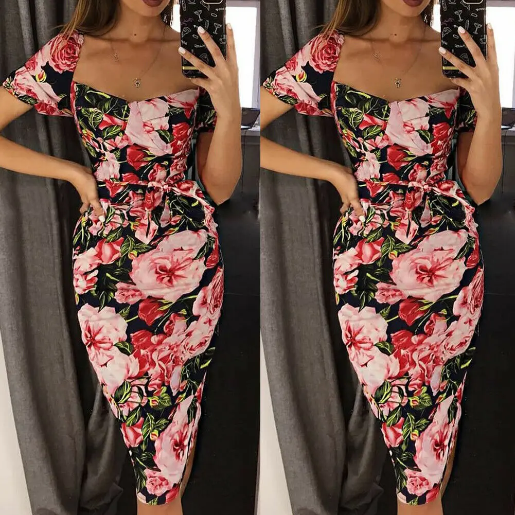 Женское платье карандаш с цветочным принтом облегающее вечернее мини коротким