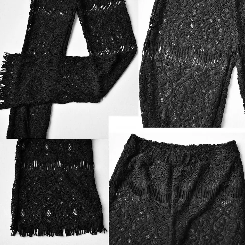 

Women Sexy Lace Casual High Waist Long Pants Wide Leg See Through Hollow Out Trouser Beach Fahsion Female Capris
