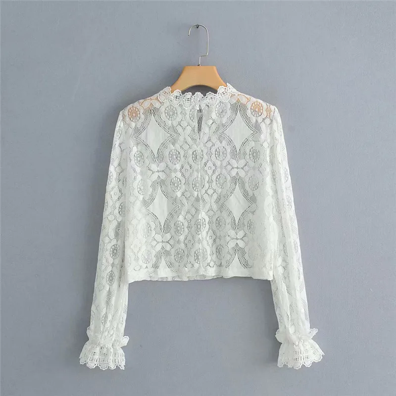 Женская кружевная блузка с коротким рукавом и лепестками открытые прозрачные