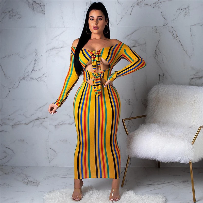 Женское платье бандо с длинным рукавом облегающее в полоску бантом для вечеринок