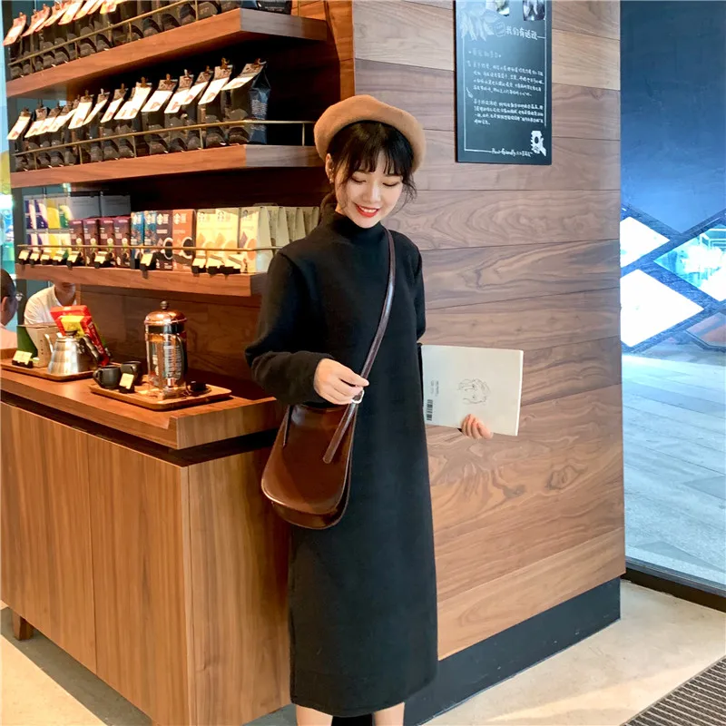 

U-SWEAR Autumn Winter Turtleneck Sweater Dresses Women Loose Thick Long Knitted Dress Long Sleeve Bottoming Dress Vestidos