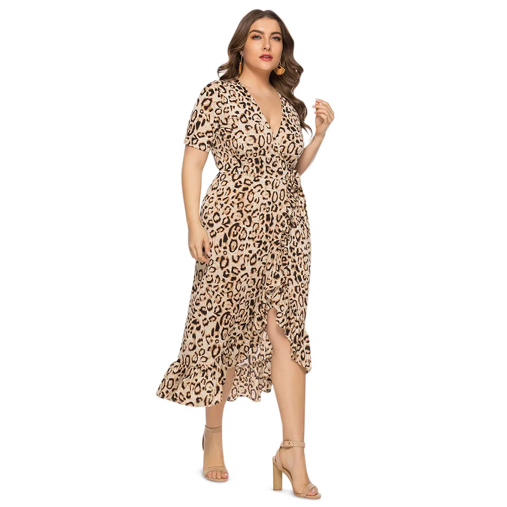 Leopard Dress Женщины Лето Рюшами С Коротким Рукавом V Шеи Плюс Размер Sexy Bodycon Длинное