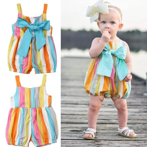 2019 Newborn Infant Kid Baby Girl Sleeveless Romper Strap Stripe O-neck Cotton Jumpsuit Bowknot Summer Outfit Wholesale | Детская одежда
