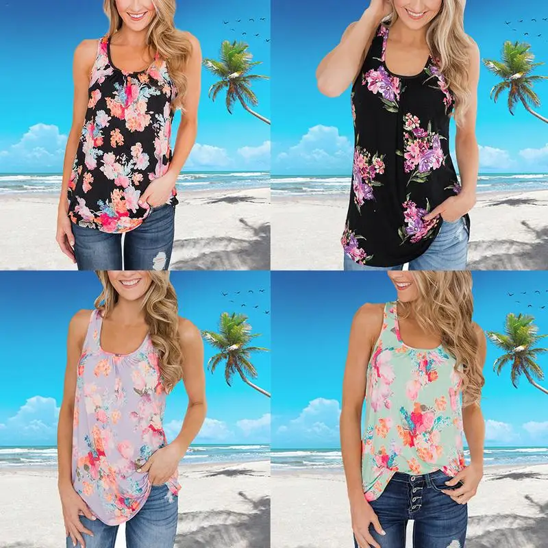 

Women Summer Casual Floral Printed Tank Tops Sleeveless Large Size Women Wild Loose Tops Beach Style Hot Sale