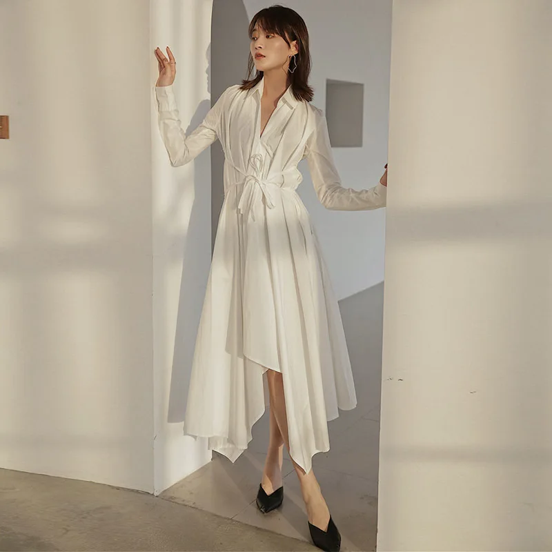 Женское платье рубашка LANMREM с длинным рукавом и отложным воротником 2019|Женские