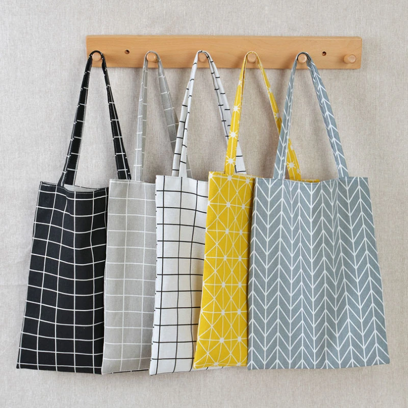 

2019 Fashion Durable Women Student Cotton Linen Single Shoulder Bag Shopping Tote Check Plaid Female Flax Canvas Shopping Bags